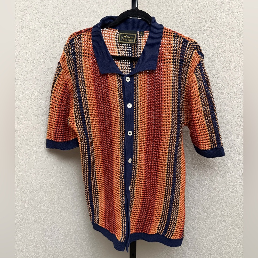 Massive Luxury Edition Men’s Orange and Navy Knit Polo Shirt - Picture 2 of 4
